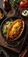 Authentic Chalupa Dinner: Savory Beef and Cheese in Cast Iron Pan on Restaurant Table