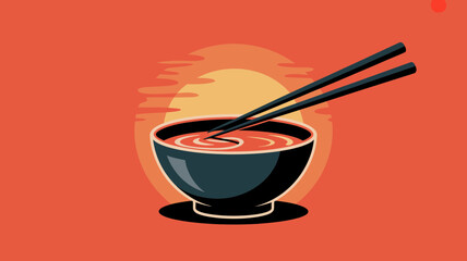 A stylized illustration featuring a bowl of ramen with chopsticks against a sunset backdrop