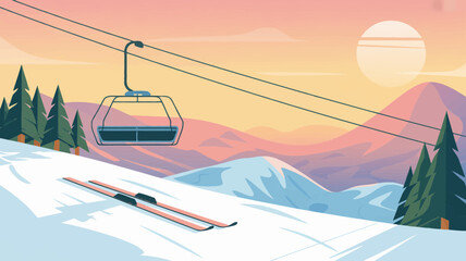 A vibrant illustration depicting a scenic ski resort with a chairlift and snowy mountains at sunset