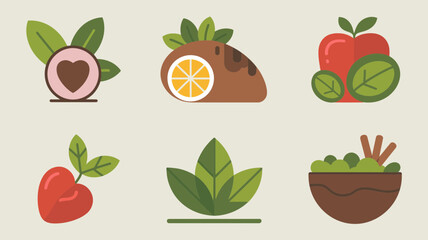 Colorful flat design illustrations of healthy food items showcasing various fruits and vegetables