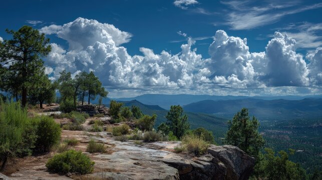 Stunning Scenic View of Mogollon Rim, Payson Arizona: Lush Green Mountains Under a Blue Sky with Fluffy White Clouds