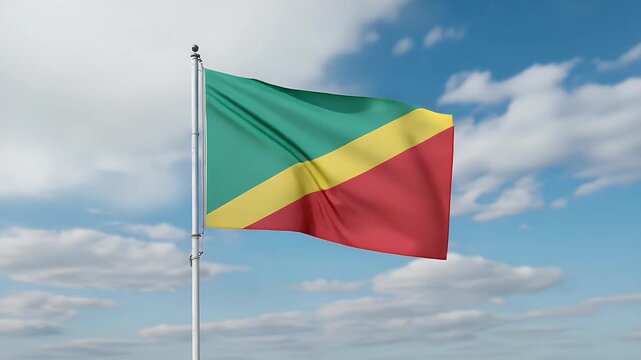 Republic of the Congo flag waving proudly against a serene blue sky with scattered clouds celebrating national identity and patriotism