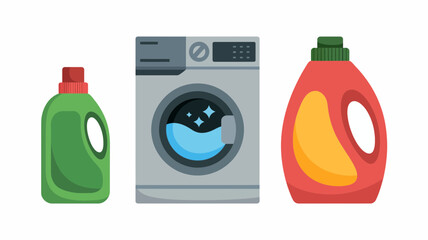 Laundry day illustration featuring a washing machine and detergent bottles on a white background