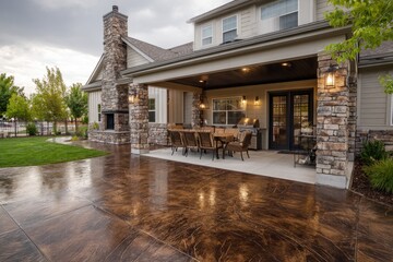 Obraz premium Stylish Back Patio: Modern Home Exterior Featuring Stamped Concrete and Elegant Outdoor Furniture