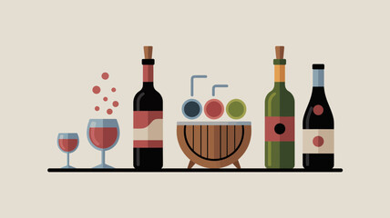 Stylish flat design illustration showcasing various wine bottles, glasses, and a barrel with drinks
