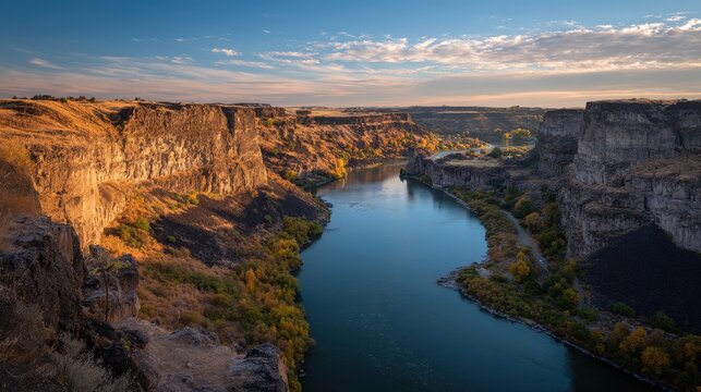 Majestic Perrine Bridge Glowing in Golden Evening Light over the Snake River at Twin Falls, Idaho with Lush Cliffs and Vibrant Blue Water - Powered by Adobe