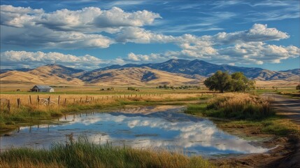Obraz premium Scenic Countryside Views of Eastern Idaho: Reflections Across Mountains and Pastures in a Beautiful Landscape