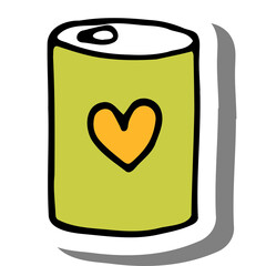 Green metal can with yellow heart graphic and white lid and black opening on transparent background with shadow effect