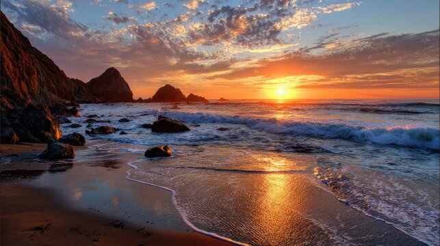 Tranquil Sunset Over Moonstone Beach, California: A Serene Coastal Landscape with Vibrant Skies and Gentle Ocean Waves