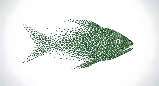 Stylized green fish illustration with a dotted pattern on a white background