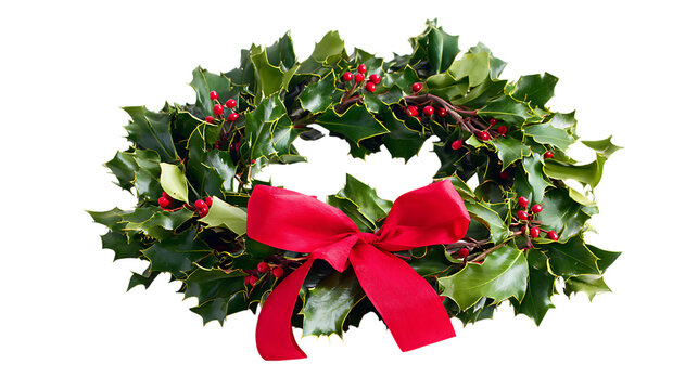 christmas wreath with holly and red ribbon