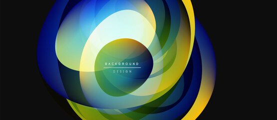 Obraz premium Abstract layered shapes create vibrant circular design. Colors blend, forming dynamic visual effect. Modern background element.