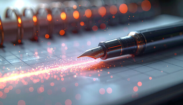 Ink and Inspiration: A detailed shot of a fountain pen resting on a notepad with an intriguing sparkle, symbolizing ideas and concepts.