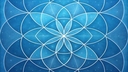 Intricate flower of life pattern with a mesmerizing sacred geometry design on a textured blue background, creating a harmonious and spiritual aesthetic