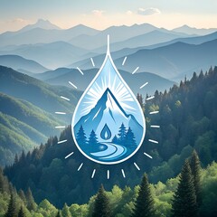 The logo is shaped like a drop of water, with mountains, a river, and a pine forest depicted within. It symbolizes pure nature, ecology, freshness, and sustainable. mountain landscape in the mountains