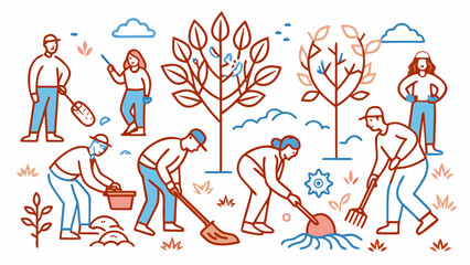 People plant trees in the park. Caring for the environment