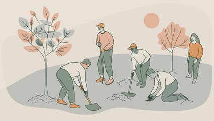 People plant trees in the park. Caring for the environment