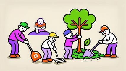 People plant trees in the park. Caring for the environment