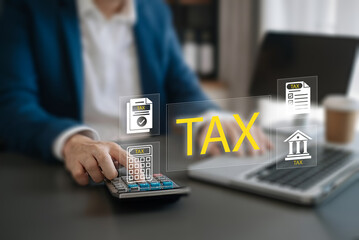 Businessman calculating tax with laptop, calculator, and financial documents, accounting management, online tax filing, finance analysis, tax payment planning, and digital financial services concept