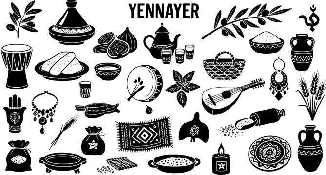 Yennayer Amazigh New Year celebration symbols set: traditional Berber culture elements, food, music, jewelry, and pottery, black and white vector illustration.