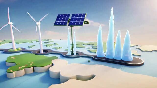 Conceptual illustration of renewable energy sources showcasing wind turbines, biomass plants, and global map with eco-friendly elements in vibrant colors
