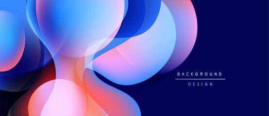Abstract fluid shapes overlap, creating vibrant color gradients. Blue dominates with pink, orange accents. Modern design element.
