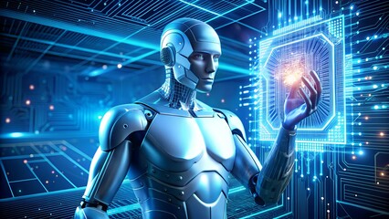 A futuristic humanoid robot holds a glowing digital core, symbolizing artificial intelligence, innovation, and advanced technology.