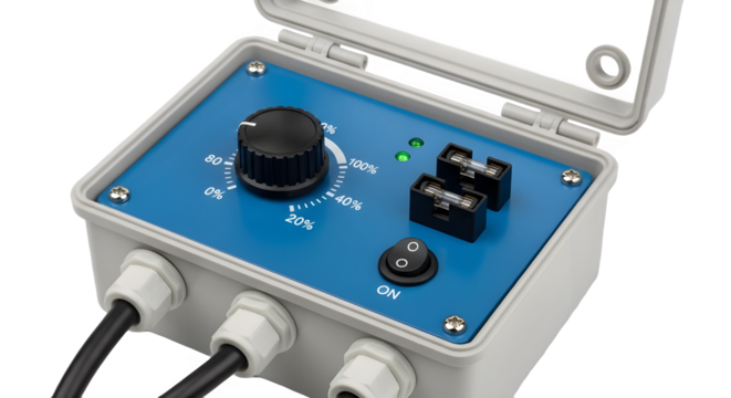 Electrical dimmer or speed controller box with adjustable rotary dial isolated on white background