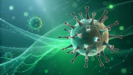 A 3D illustration of a viral cell under a microscope with DNA strands in the background. Concepts for pandemics, health care, microbiology, infection, scientific research, health, healthcare