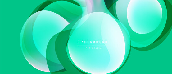 Abstract fluid shapes overlap, creating vibrant teal gradients. Modern design suggests movement, energy, freshness. Minimal text present.