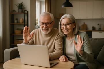 Happy senior couple waving during online video call at home.