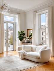 Fototapeta premium Modern white living room with natural light, minimalist decor, and comfortable furniture in a classic city apartment