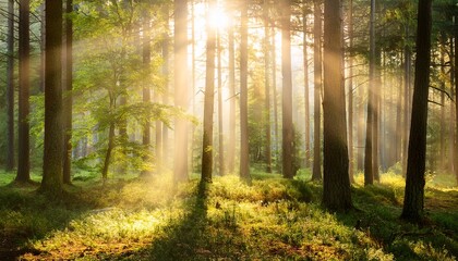 Obraz premium Sunlight Shining Through Trees In Forest Painting