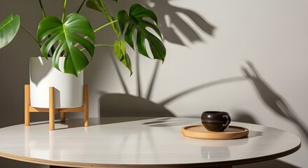 Monstera houseplant with dramatic shadows and ceramic coffee cup on a modern round table