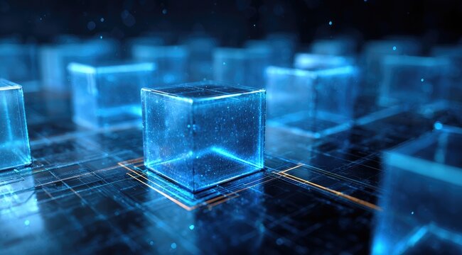 A network of translucent blue cubes, lit from within,  sit on a grid of glowing circuitry