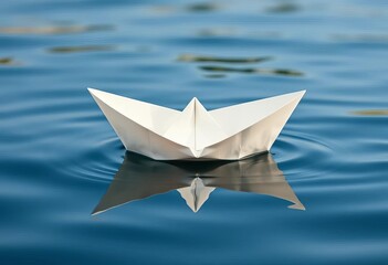 Small origami paper boat, pristine white, floating on calm water, close-up, paper boat