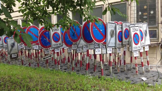 Brno, Czech Republic - August 1, 2025: Road signs. Many road signs indicate no stopping and no parking