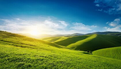 Serene Green Landscape With Rolling Hills Blue Sky And Bright Sunlight In Nature