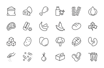 Ingredient & products icon set. Flour, chicken, milk, bacon, garlic, salt, yeasts, meat, cinnamon, banana, bread, butter, sugar, potato, eggs, fish, cashews, etc. Editable stroke. Vector illustration.