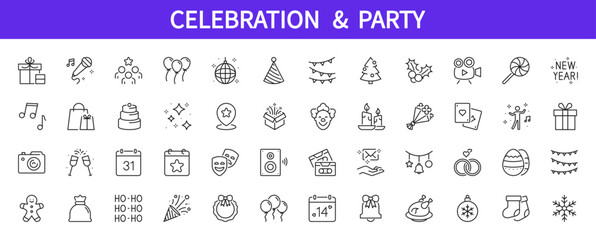 Celebration & party icon set. Gifts, karaoke, company, balloons, party cap, garland, Christmas tree, music, birthday cake, confetti, surprise, invitation, etc. Editable stroke. Vector illustration.