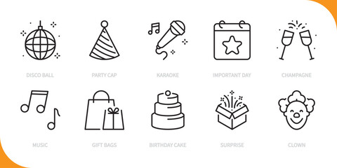 Celebration & party line icon set. Disco ball, cap, karaoke, important day, champagne, music, gift bags, birthday cake, surprise, clown sign, symbol. Vector illustration,editable stroke. Flat design.