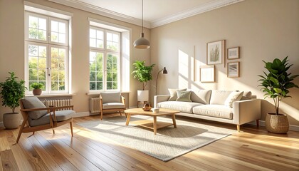 Fototapeta premium Light-Filled Living Room with Natural Light and Green Plants An Interior design