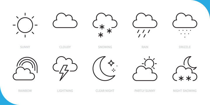 Weather & climate line icon set. Sunny, cloudy, snowing, rain, drizzle, rainbow, lightning, clear night, partly sunny, night snowing sign, symbol. Vector illustration. Editable stroke. Flat design.