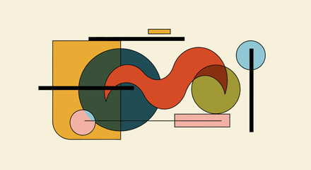 Abstract geometric composition with colorful shapes and lines.