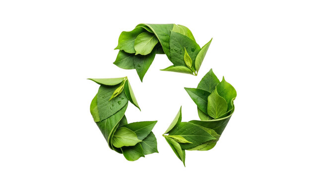 Recycling symbol made of green leaves on transparent background, sustainability