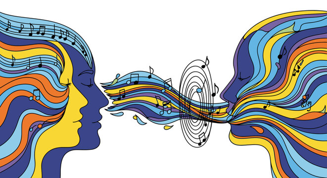Abstract illustration of two colorful faces communicating with musical notes.