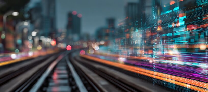 Abstract digital background with glowing circuit board lines and data curves in blue, purple, and green colors on a dark background. vector illustration of the concept of artificial intelligence. - Powered by Adobe