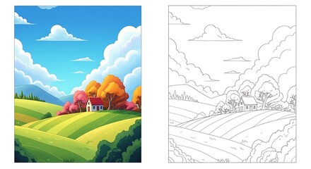 Illustration of a countryside landscape with a house, trees, and clouds, with a coloring page version