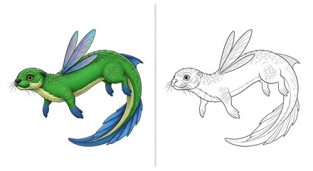 A cute green otter with wings and a blue tail, a magical creature isolated on white background