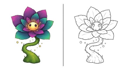 Illustration of a cute fantasy lotus flower character with a face isolated on white background